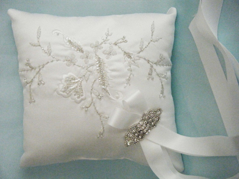 Couture White Ring Bearer Pillow Embroidered Beaded Wedding Pillow OOAK White RIng Cushion Bridal Pillow Silver Ring Pillow