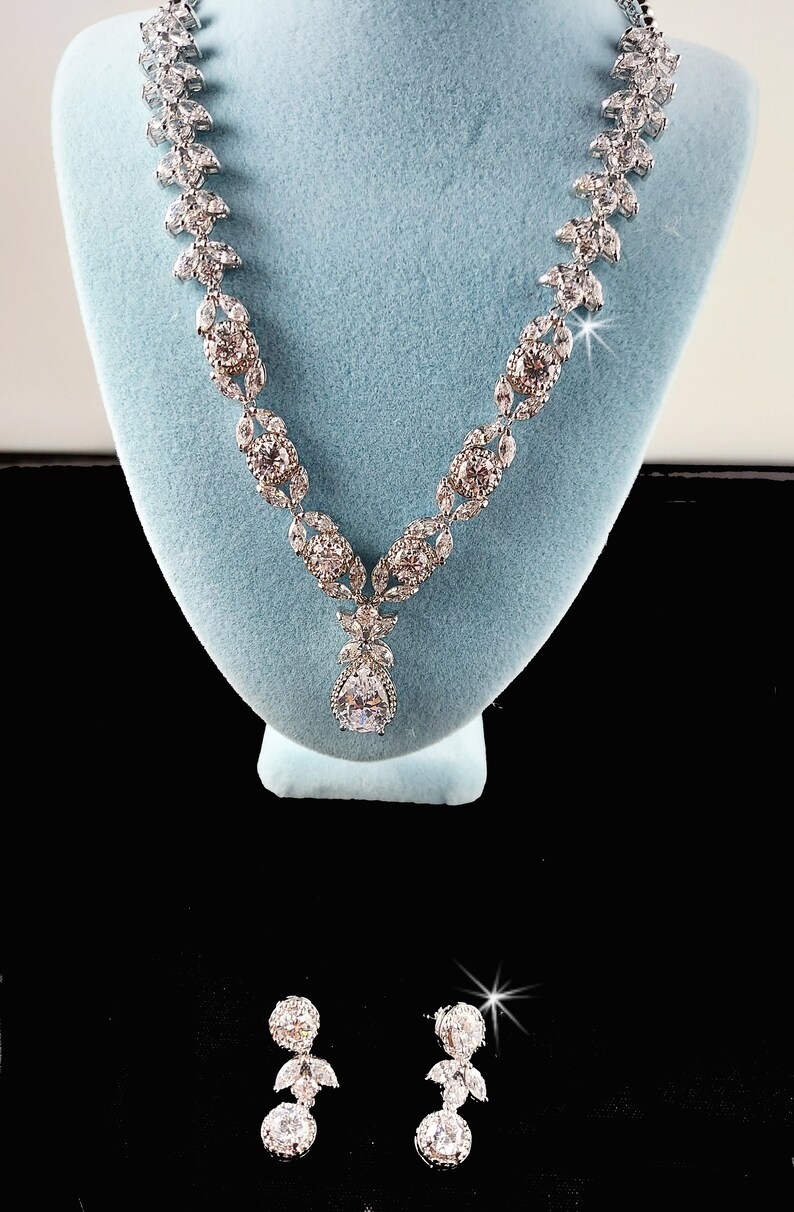 CZ Statement Necklace and Earrings Set, Wedding Necklace Set, Bride