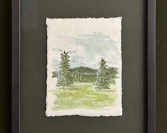 Yellowstone - Tree-Filled Landscape, Original Watercolor on Handmade Paper, Custom Framed