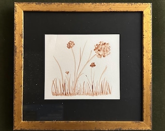 Yellowstone - Grass & Flowers, Sepia, Original Watercolor on Archival Paper, Custom Framed