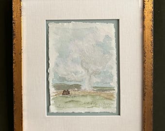 Yellowstone - Old Faithful with Bison - Watercolor on Handmade Paper, Custom Framed