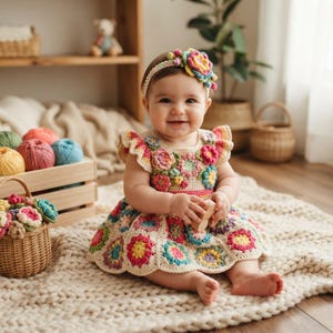 Crochet Baby Dress Pattern PDF, Toddler Granny Square Frock and Floral Headband Tutorial