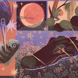 May include: A multi-paneled illustration featuring a purple heron holding a fish, a large red moon in a dark sky, a green frog perched on a branch near lily pads, and a dark alligator submerged in water surrounded by small pink flowers and stars.