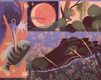 May include: A multi-paneled illustration featuring a purple heron holding a fish, a large red moon in a dark sky, a green frog perched on a branch near lily pads, and a dark alligator submerged in water surrounded by small pink flowers and stars.