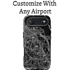 May include: A black and white smartphone case featuring a detailed aviation sectional chart design with various navigational symbols, lines, and text. Above the case, the text reads Customize With Any Airport in a black serif font.