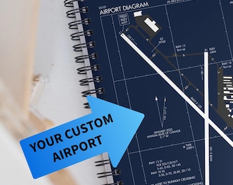 ANY AIRPORT map runway diagram notebook for pilot gift, Personalized Aviation notebook gift for pilot FBO student pilot flight school