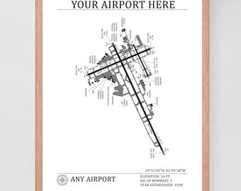 Pilot gift, Aviation Custom Airport Map Art Print, Aviation Travel Gift, Airport diagram, any airport, aviation gift, aviation decor, hangar