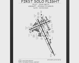 Custom First Solo Flight Airport Map Poster: Personalized Pilot Gift