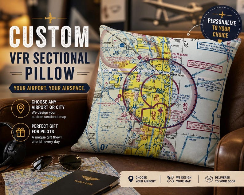 May include: Custom VFR sectional pillow featuring a detailed aviation map design. The pillow has a personalized option and includes text: "Your Airport. Your Airspace." A unique gift for pilots.