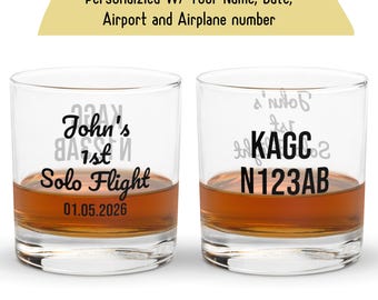 Eerste solovluchtcadeau voor piloot – gepersonaliseerd luchtvaartglas, student pilootcadeau, aangepast whiskybierwijnglas, N-nummer luchthavendatum