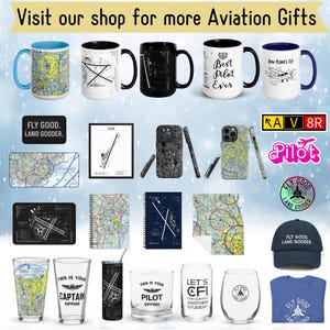 May include: A collection of aviation-themed gifts, including mugs, phone cases, notebooks, and apparel. The items feature aviation maps, airplane graphics, and phrases like "Best Pilot Ever" and "Fly Good. Land Gooder." The products are in various colors.