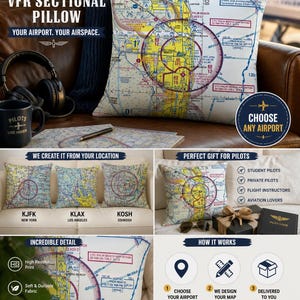 May include: Custom VFR sectional pillow featuring an airport map design. The pillow is shown in various settings, including on a leather couch and on a white couch. The image includes text that says "Choose Any Airport" and "Perfect Gift for Pilots."