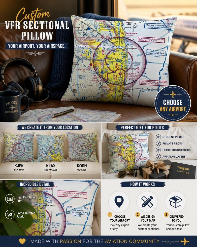 May include: Custom VFR sectional pillow featuring an airport map design. The pillow is shown in various settings, including on a leather couch and on a white couch. The image includes text that says "Choose Any Airport" and "Perfect Gift for Pilots."