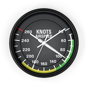 May include: A circular black airspeed indicator gauge with white text reading KNOTS AIRSPEED. The dial features white numerical markings from 40 to 260, with a red line near 260, a yellow arc between 180 and 200, and a green arc from 100 to 80.