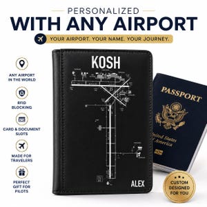 May include: A black passport holder featuring a white airport runway diagram, the text KOSH, and the name ALEX. Beside it is a dark blue United States passport and a gold circular badge with the text CUSTOM DESIGNED FOR YOU.