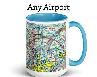 Pilotenbecher Kundenspezifische Flughafenkarte, JEDER FLUGHAFEN, kundenspezifische detaillierte VFR Schnittkartentasse, Luftfahrtdekor, Pilotengeschenkgeschenk für Pilotflugzeug