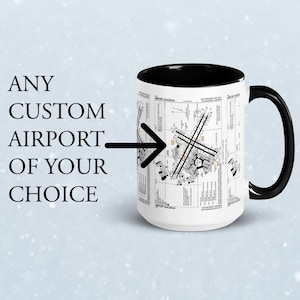 May include: White ceramic mug with a black interior and handle, featuring a detailed airport diagram. The mug has the text "ANY CUSTOM AIRPORT OF YOUR CHOICE" in black letters.
