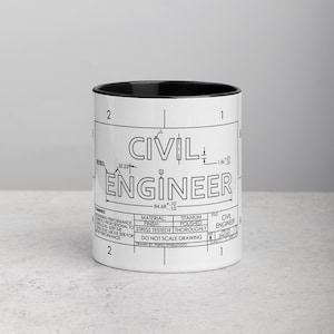 May include: White ceramic mug with a black interior, featuring a blueprint-style design. The text "CIVIL ENGINEER" is prominently displayed, along with technical details and measurements. A perfect gift for engineers.