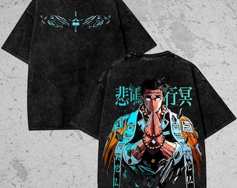 T-shirt imprimé oversize en coton épais vintage délavé, chemise manga japonaise