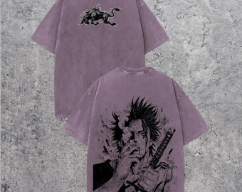 T-shirt imprimé oversize en coton épais vintage délavé, chemise manga japonaise