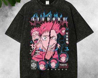 T-shirt imprimé oversize en coton épais vintage délavé, chemise manga japonaise