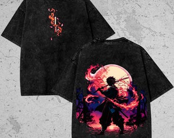 T-shirt imprimé oversize en coton épais vintage délavé, chemise manga japonaise