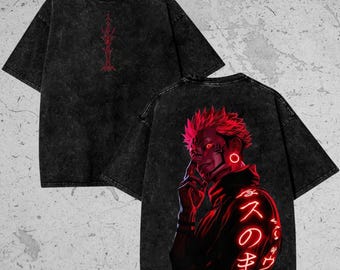 T-shirt imprimé oversize en coton épais vintage délavé, chemise manga japonaise