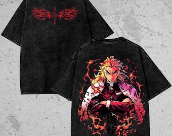 T-shirt imprimé oversize en coton épais vintage délavé, chemise manga japonaise