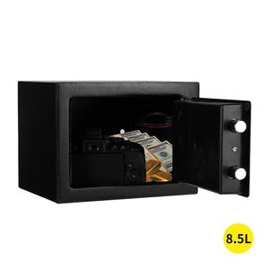 May include: A black steel safe with the door open, revealing a camera, cash, and gold bars. The safe has two white knobs and a yellow circle with the text "8.5L".