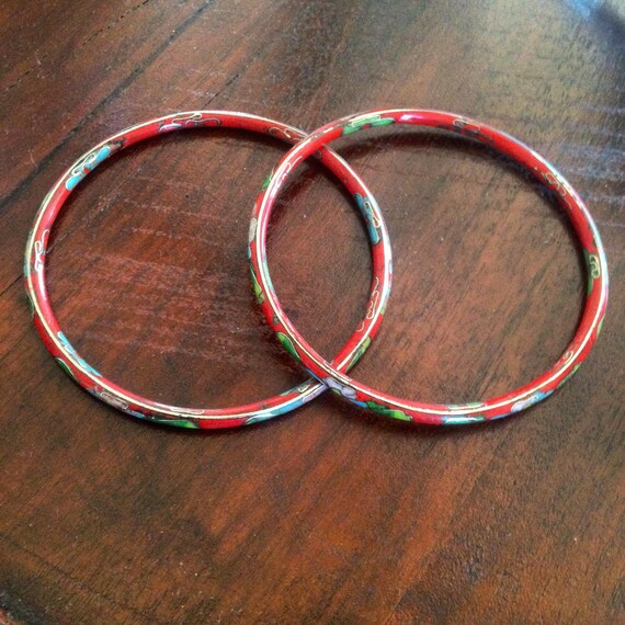 Red Turqoise Metal Bangles Asian Floral Bracelet … - image 1