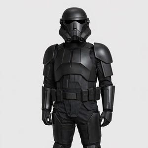 May include: Full-body shot of a black Death Trooper costume. The costume includes a helmet, armor, gloves, boots, and a utility belt. The armor is layered and detailed, with a matte finish. The background is plain white.