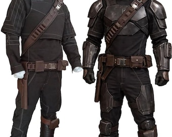 May include: Two black tactical costumes featuring high-neck shirts, trousers with white stitching, and brown leather utility belts with holsters. The right costume includes dark metallic shoulder, arm, and leg armor plates with straps.