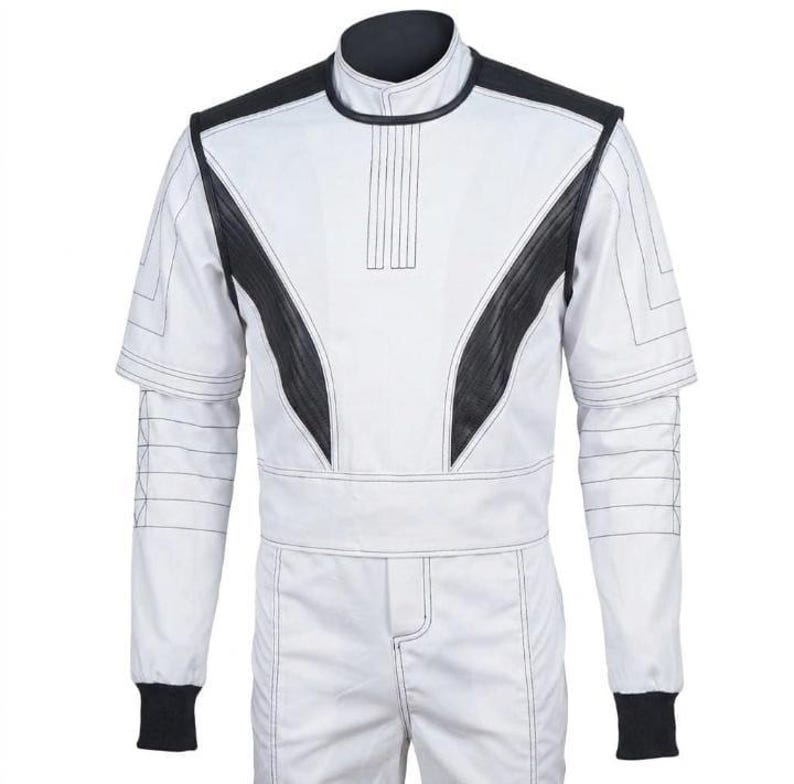 May include: White racing suit with black accents on the shoulders and sides. The suit has a high collar, long sleeves, and a fitted waist. Black cuffs and stitching detail the suit.
