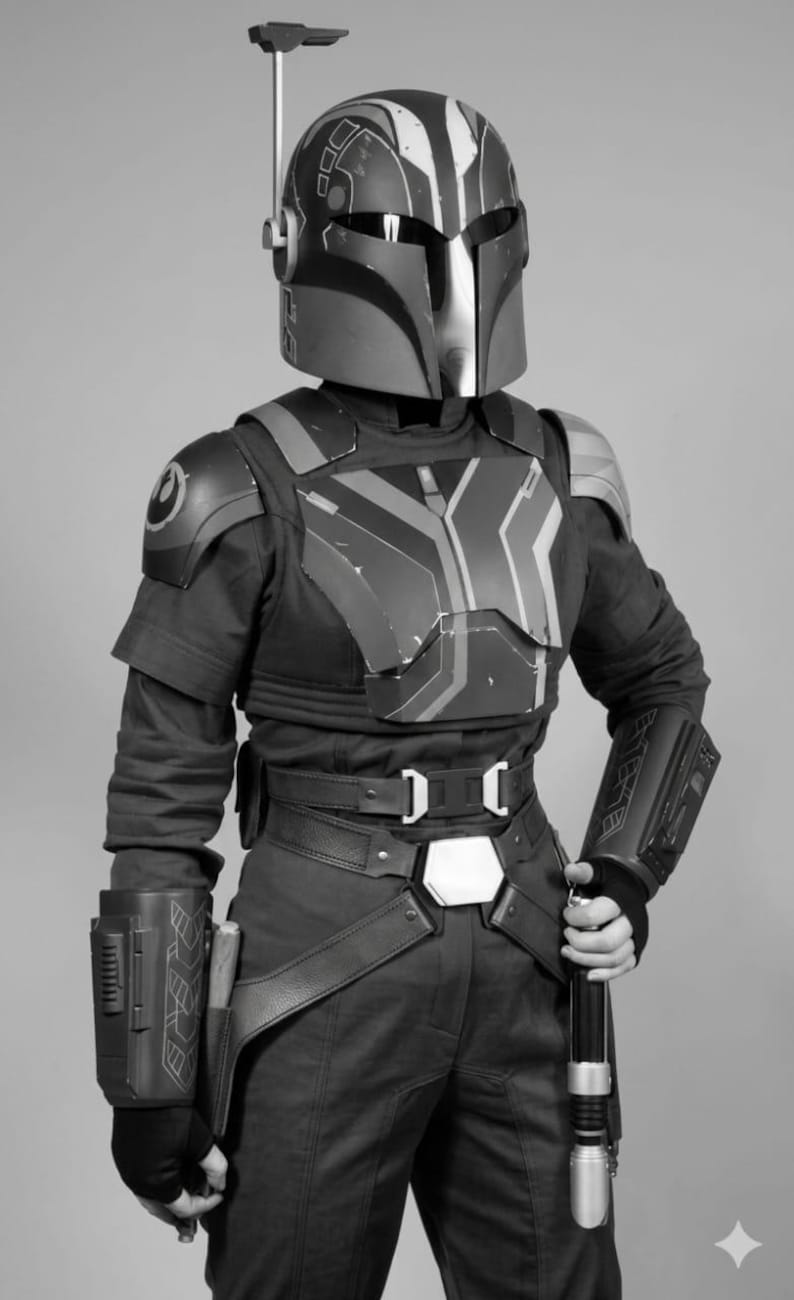 May include: A full-body suit of armor featuring a dark helmet with a T-shaped visor and a rangefinder, a chest plate with geometric patterns, shoulder pauldrons, gauntlets, a utility belt with a central buckle, and a handheld cylindrical weapon.