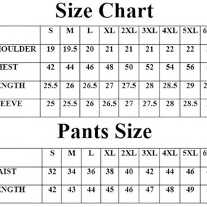 May include: A size chart for clothing, with measurements in inches. The chart includes shoulder, chest, length, and sleeve measurements, as well as waist and length for pants. Sizes range from S to 6XL.