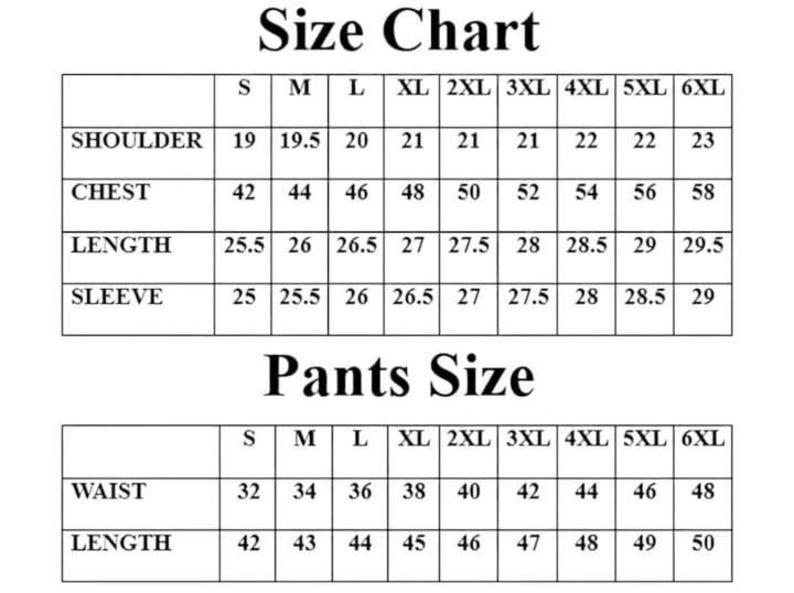 May include: A size chart for clothing, with measurements in inches. The chart includes shoulder, chest, length, and sleeve measurements, as well as waist and length for pants. Sizes range from S to 6XL.