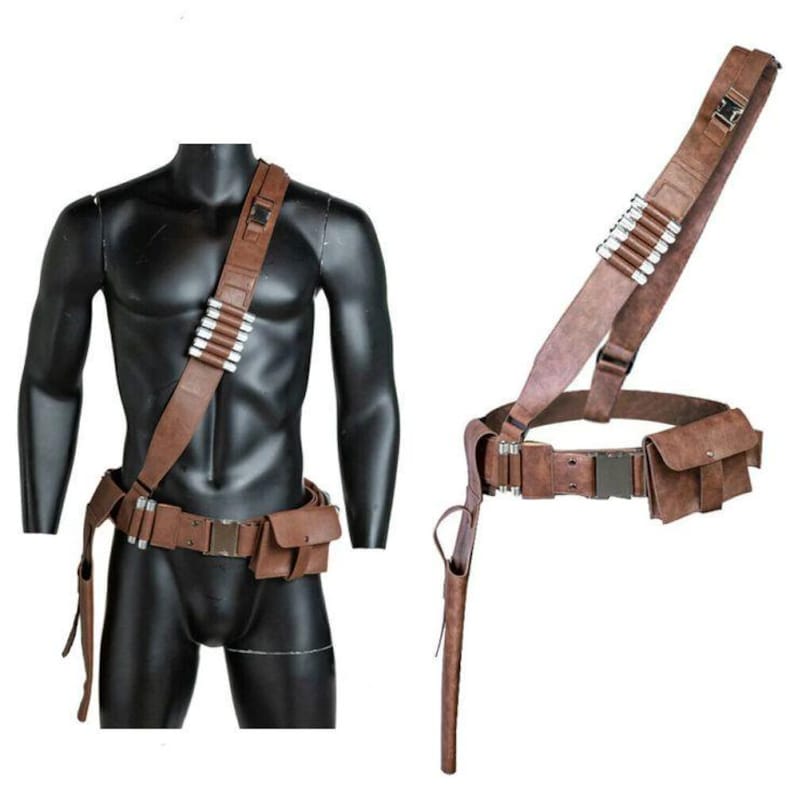 May include: A brown leather-like utility belt and shoulder strap set featuring a metallic buckle, a rectangular pouch, and a series of silver-colored cylindrical cartridges attached to the diagonal strap, designed for waist and shoulder wear.