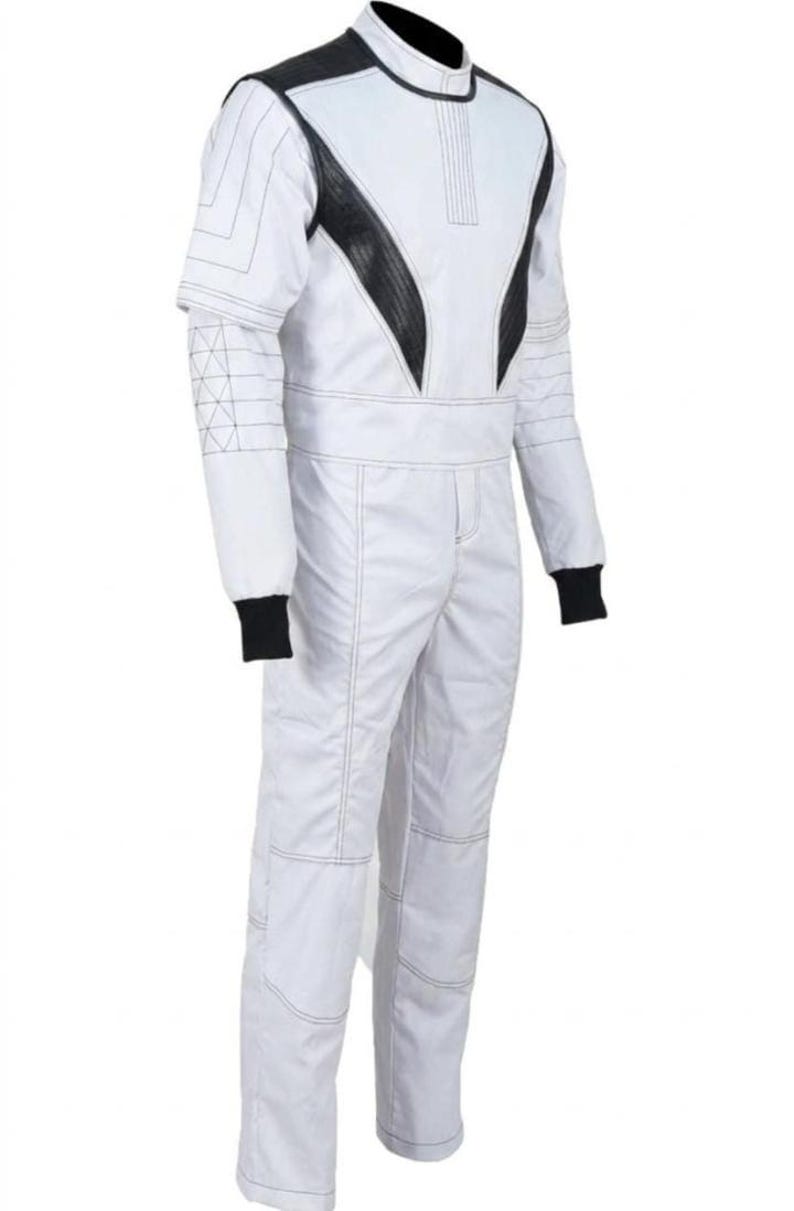 May include: White jumpsuit with black accents on the shoulders and chest. The suit features black cuffs and a high collar. Stitching details are visible throughout the garment, and the suit appears to be made of a durable material.