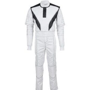 May include: White racing suit with black accents on the shoulders and chest. The suit features a high collar, long sleeves, and matching pants. The suit has visible stitching details and is designed for motorsports.