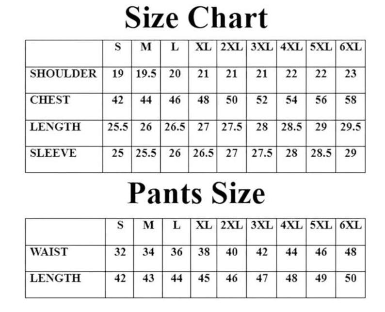 May include: A size chart for clothing, featuring measurements for shoulders, chest, length, and sleeves, as well as waist and length for pants. Sizes range from S to 6XL, with measurements in inches.
