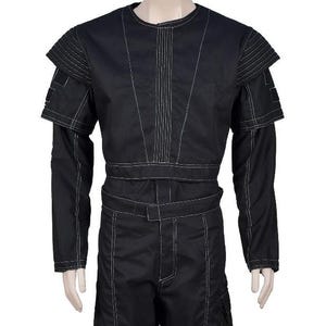 May include: Black jumpsuit with white stitching details. The long-sleeved top features a crew neck and structured shoulder accents. The waist is cinched with a belt, and the pants have pockets. The overall design is sleek and modern.