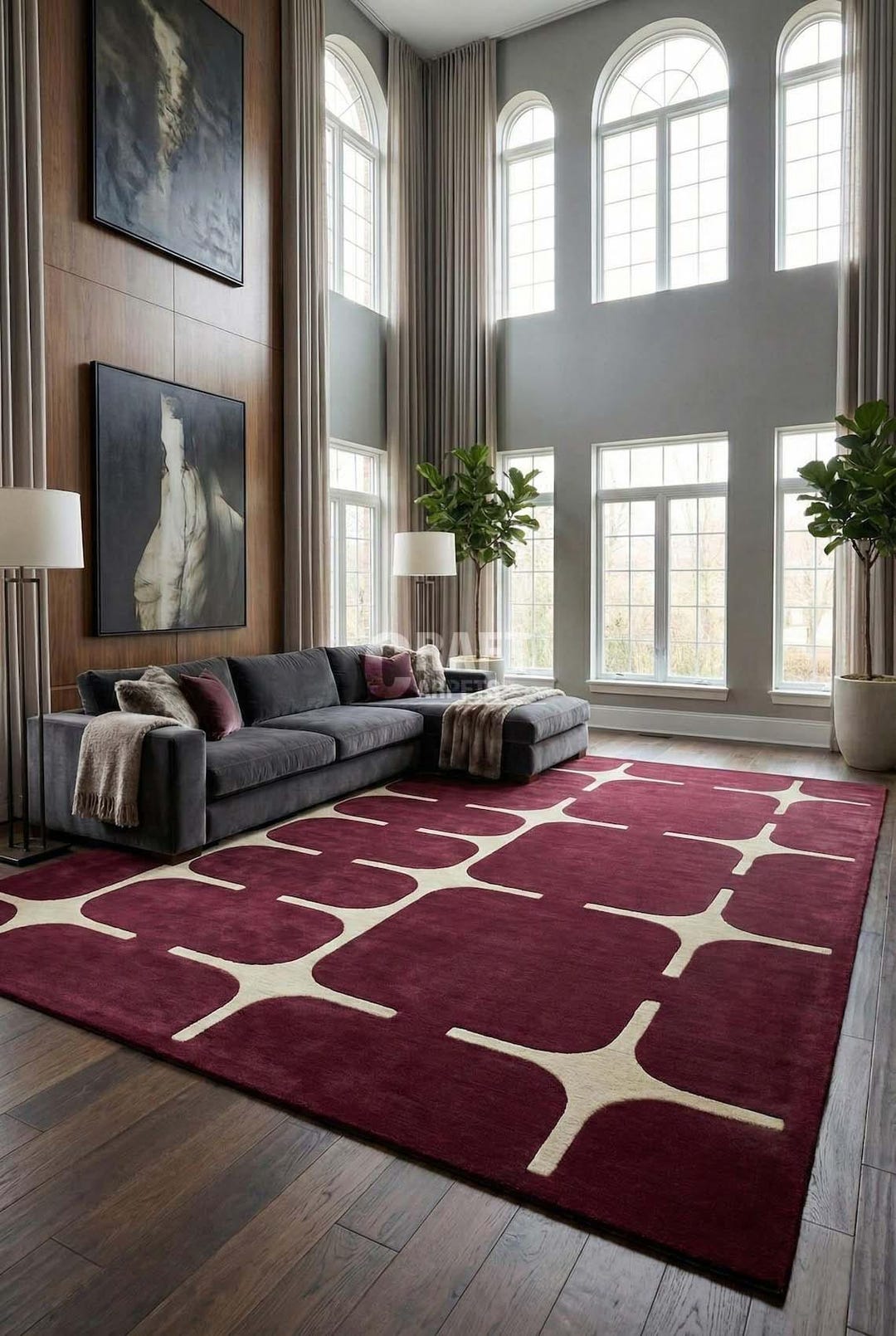 Burgundy Geometric Area Rug | Wine Red Cream Line Pattern Carpet - Etsy