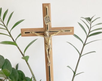 Vintage Cross Brass and Wood Crucifix.  Free Shipping.