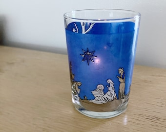 Glass Nativity Votive Holder.  Vintage Blue Glass Votive Tumbler