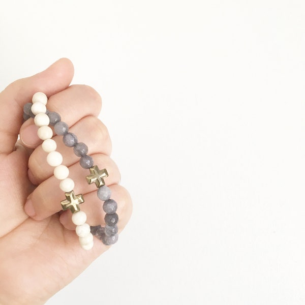 Beaded Cross Faith Bracelets. Set of 2 Stretch Bracelets. Hendersweet