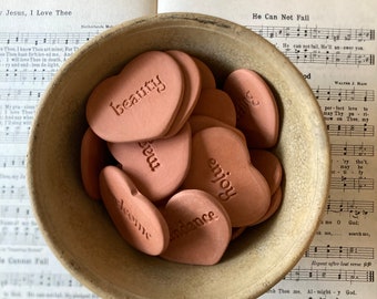 Set of Inspirational Word Clay Hearts.  Free Shipping. Found and Vintage