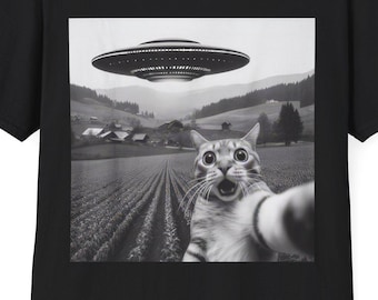 T-shirt de chat selfie avec ovni | T-shirt avec photo de chat enlevé par des extraterrestres