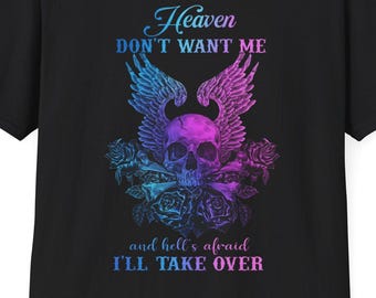 Heaven Don't Will Me Totenkopf mit Flügeln T-Shirt | Lila Blauer Farbverlauf