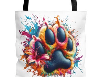 Colorful Paw Print with Flower Tote Bag | Splash Art Tote