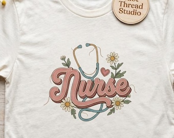 Retro Floral Nurse T Shirt, Comfort Colors Faux Embroidery Tee, Stethoscope Daisy Nursing Top, Boho Wildflower Healthcare Worker Tshirt